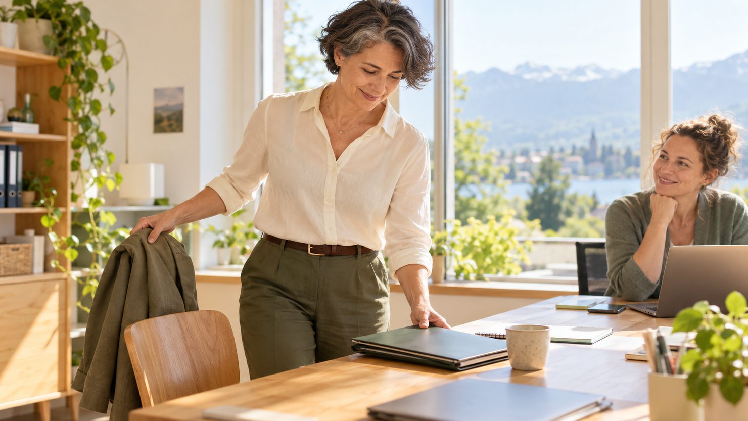 Eine Frau klappt ihre Arbeitsmappe zu und nimmt ihre Jacke, um das Büro zu verlassen