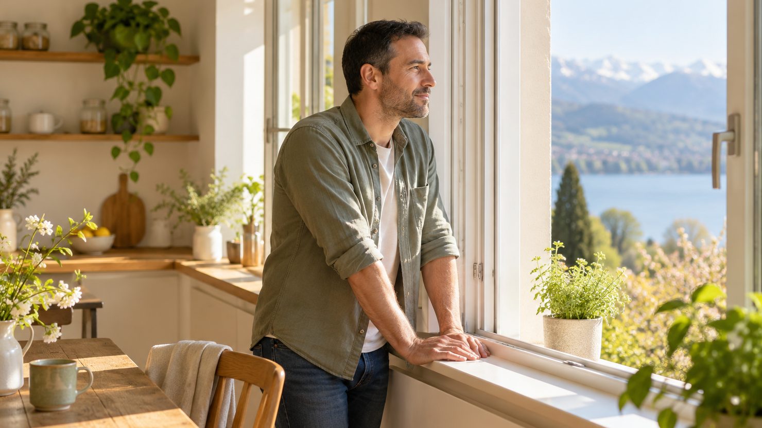 Ein Mann nimmt sich am offenen Küchenfenster einen ruhigen Moment für sich